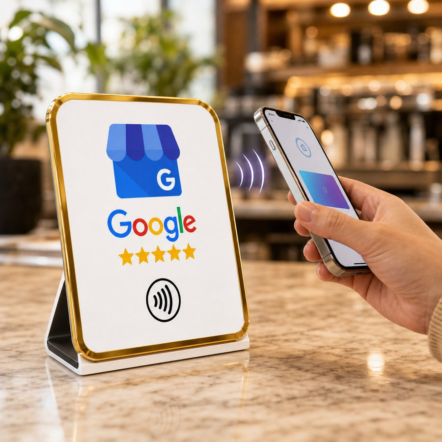 Un client approche son smartphone d'un présentoir NFC avis Google – Cardavis