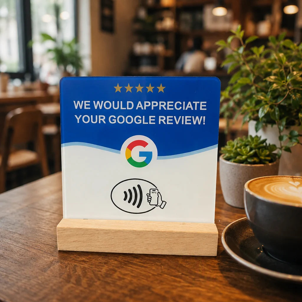 Plaque NFC avis Google sur socle en bois – Cardavis