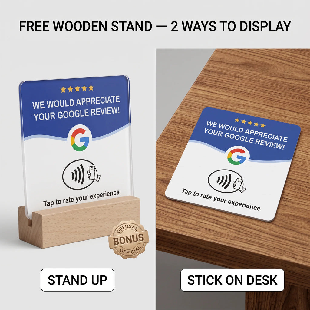 Plaque NFC avis Google sur socle en bois, vue 3 – Cardavis