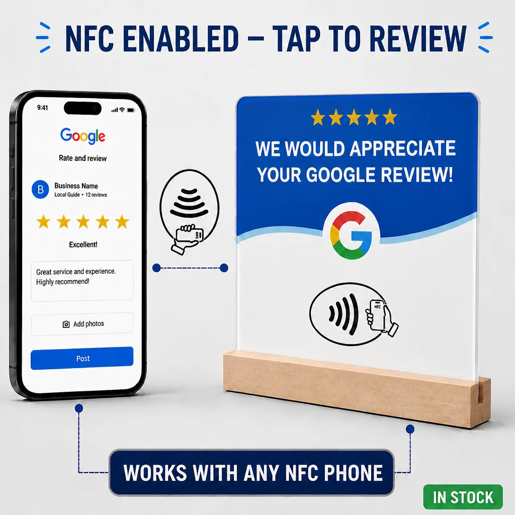 Plaque NFC avis Google sur socle en bois, vue 4 – Cardavis