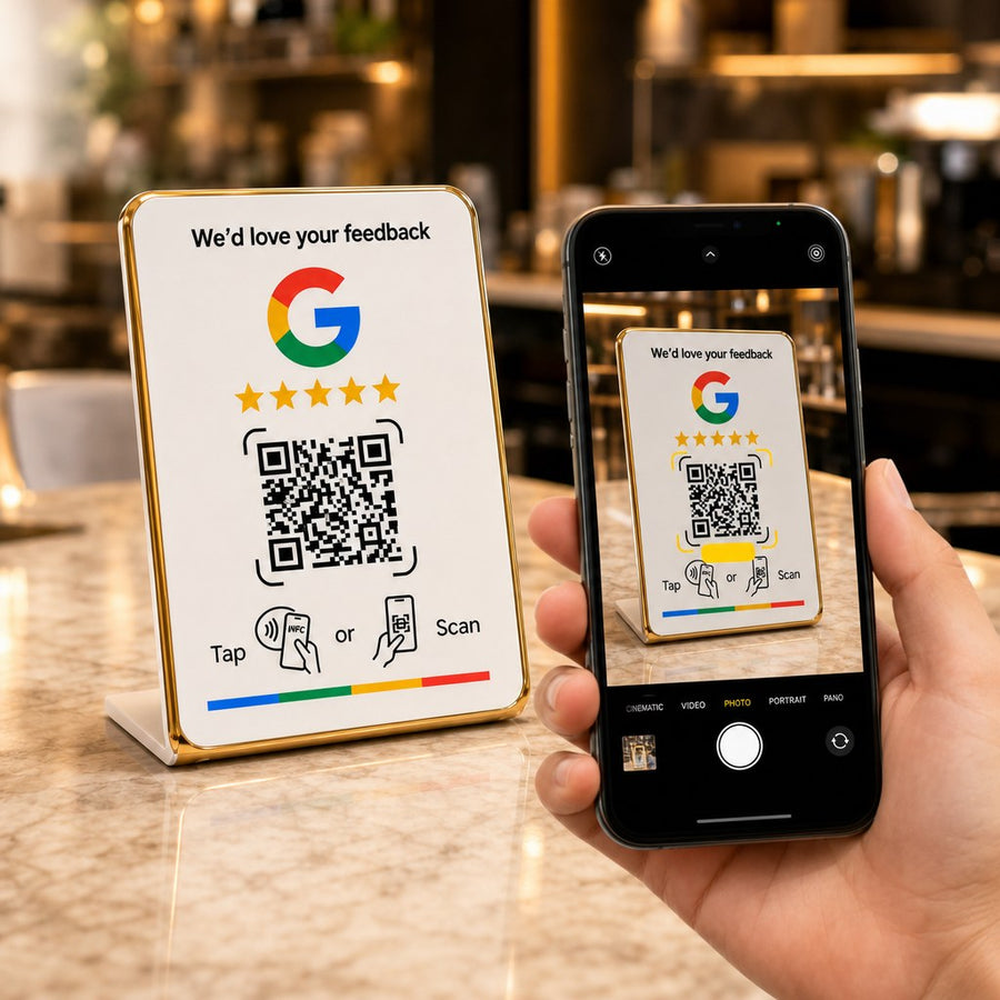 Un client vise le QR code d'un présentoir avec l'appareil photo de son smartphone – Cardavis