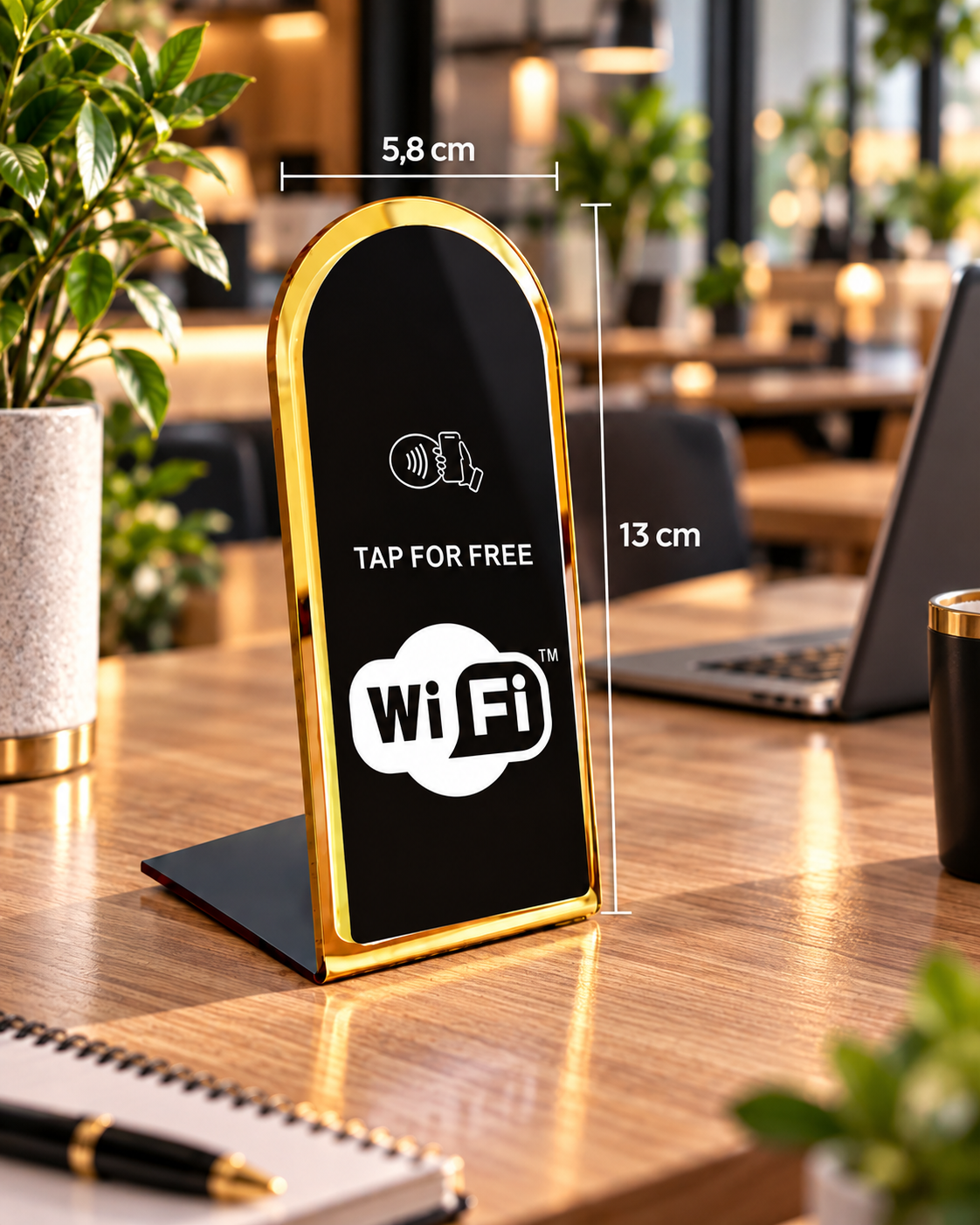 Présentoir NFC arrondi WiFi à contour doré, dimensions 5,8 × 13 cm – Cardavis