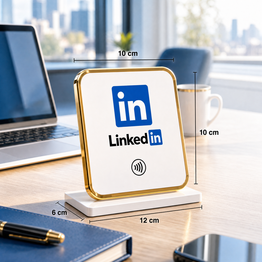 Présentoir de table NFC LinkedIn à contour doré, dimensions 10 × 10 cm, socle 12 × 6 cm – Cardavis