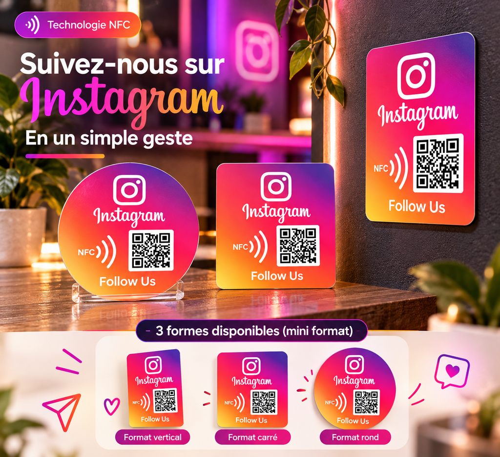 Autocollant NFC + QR code Instagram dégradé, vertical, carré ou rond – Cardavis
