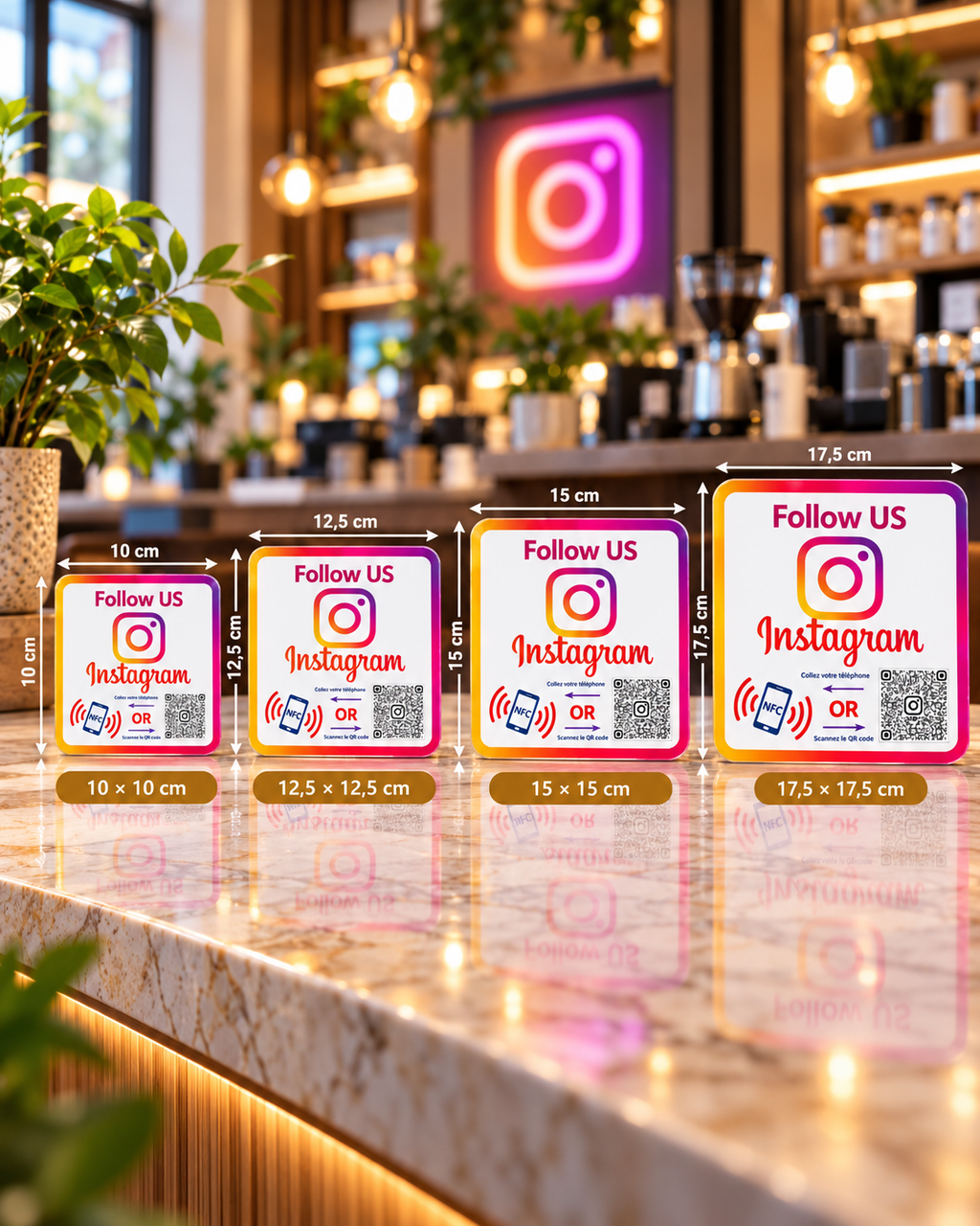 Autocollant NFC + QR code Instagram Follow Us blanc, 4 tailles de 10 à 17,5 cm – Cardavis