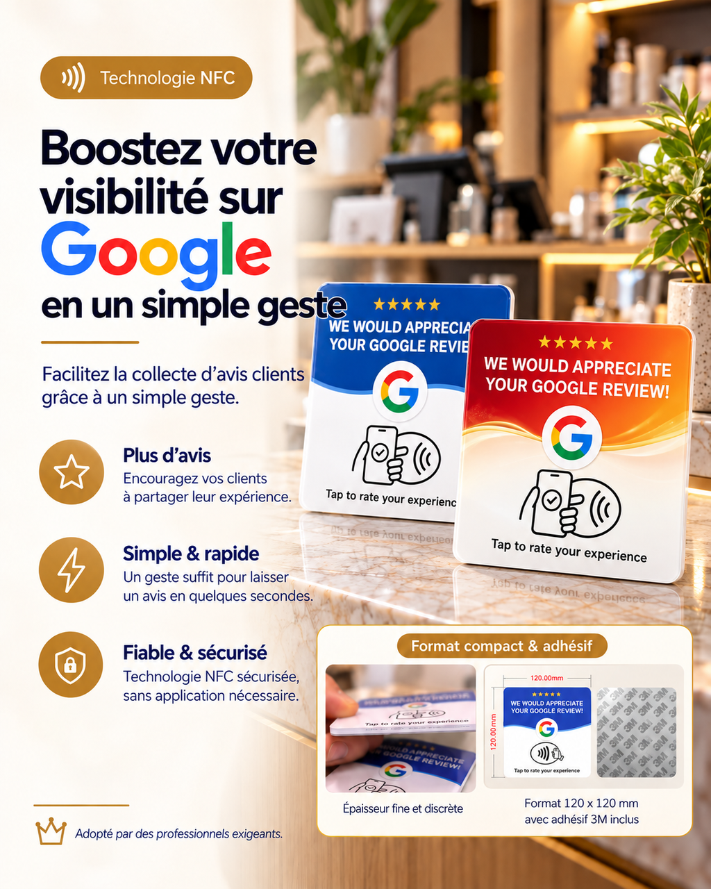 Plaque NFC avis Google autocollante bleue ou rouge, format 120 × 120 mm – Cardavis