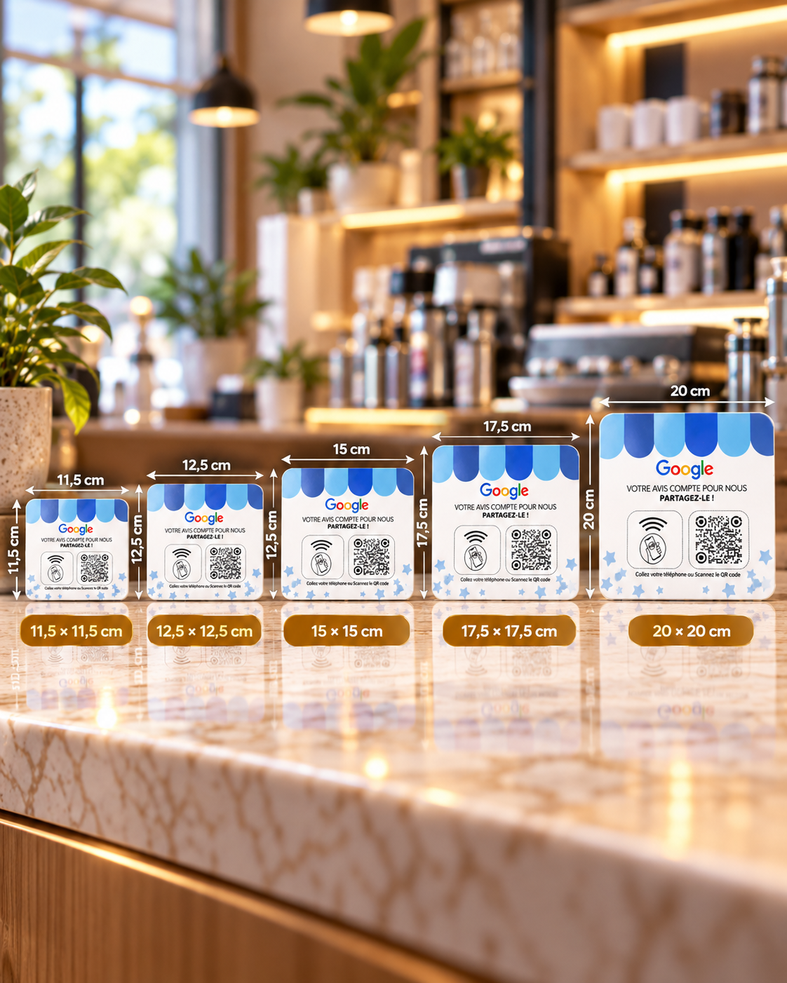 Plaque carrée autocollante NFC + QR code avis Google blanche, 5 tailles de 11,5 à 20 cm – Cardavis
