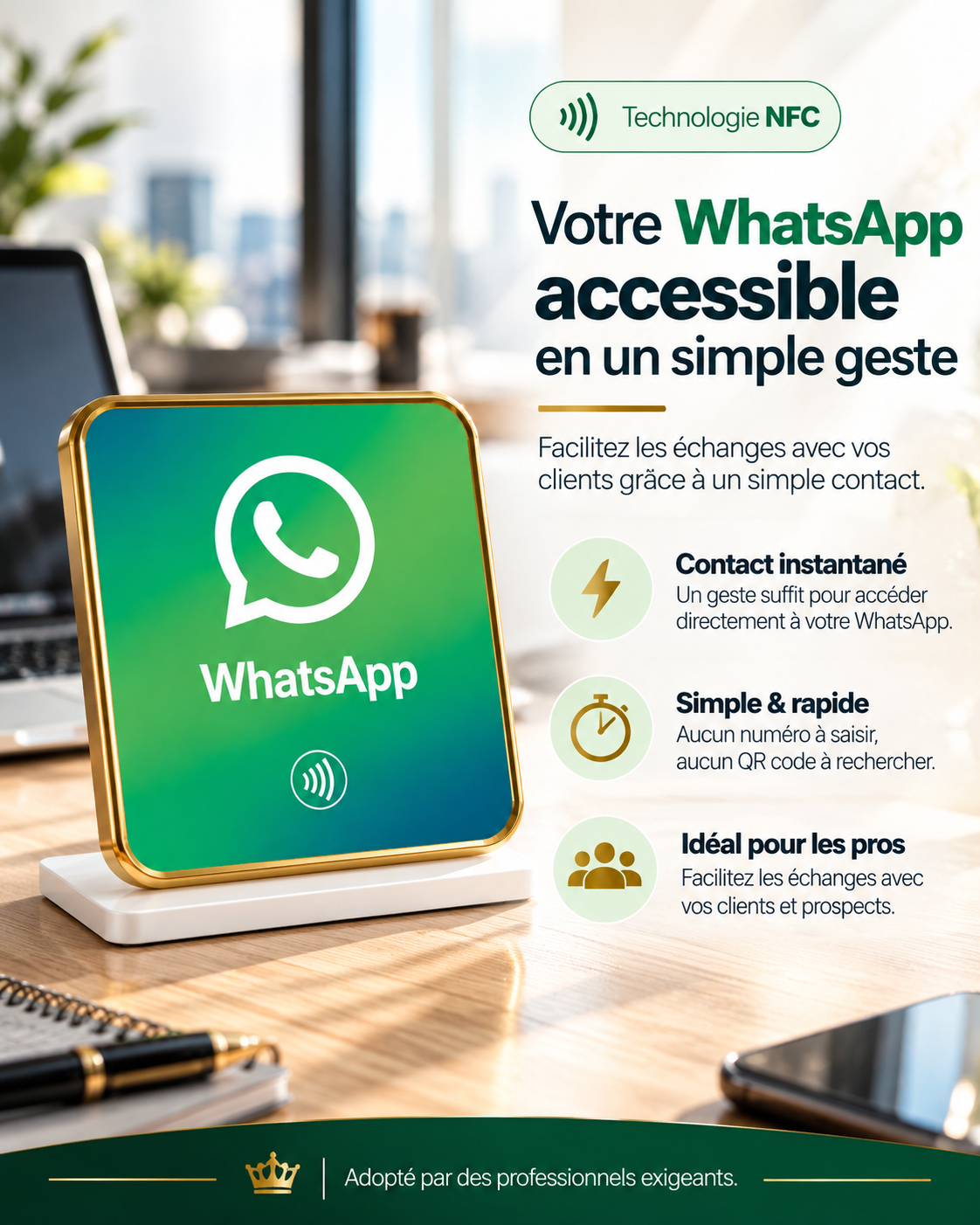 Présentoir de table NFC WhatsApp à contour doré – Cardavis