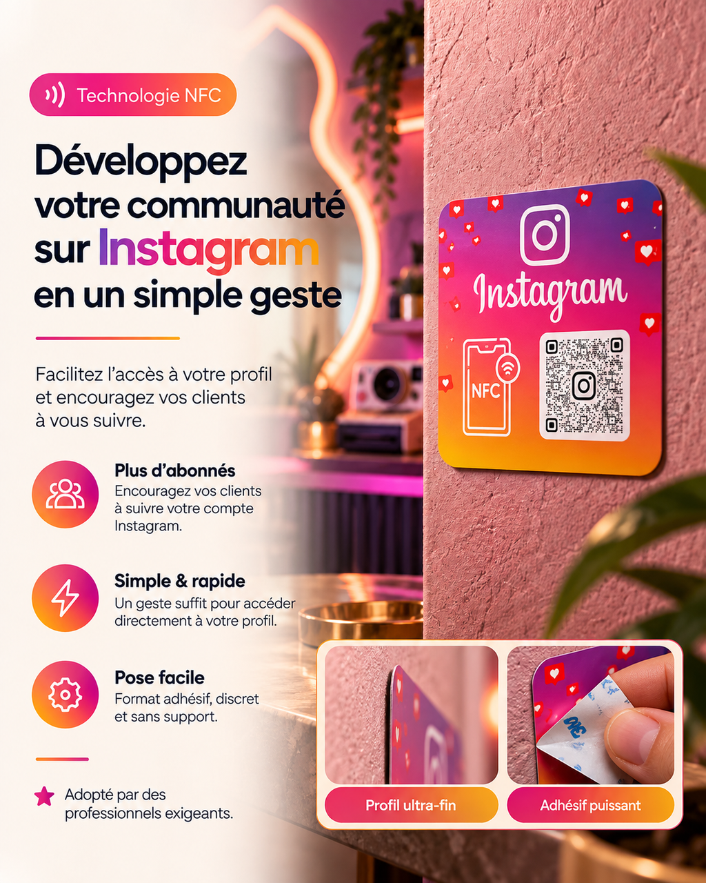 Plaque carrée autocollante NFC + QR code réseaux sociaux – Cardavis