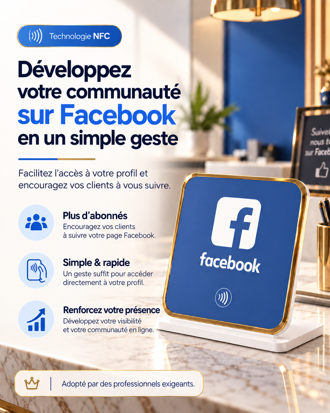 Présentoir de table NFC Facebook à contour doré – Cardavis