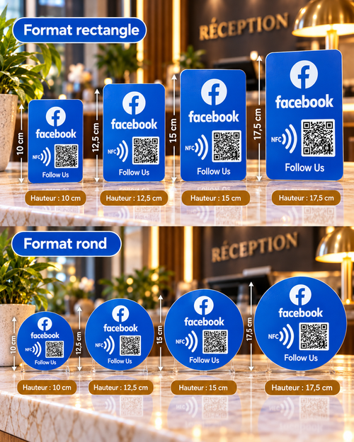 Autocollant NFC + QR code Facebook rectangle ou rond, 4 tailles de 10 à 17,5 cm – Cardavis