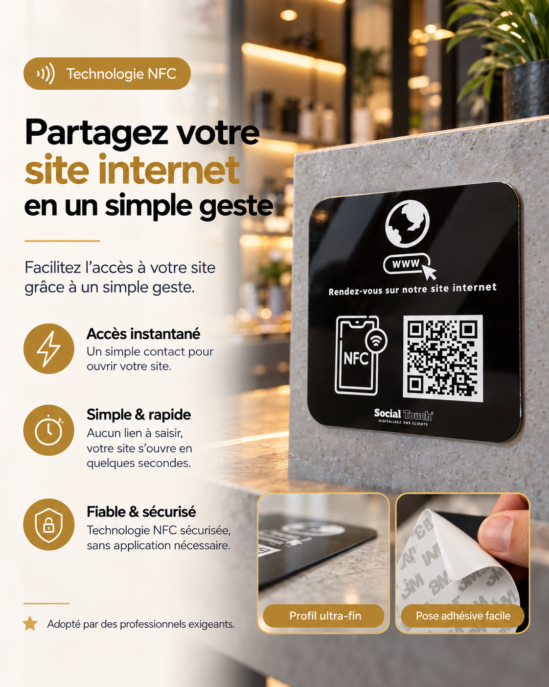Plaque carrée autocollante NFC + QR code site web – Cardavis