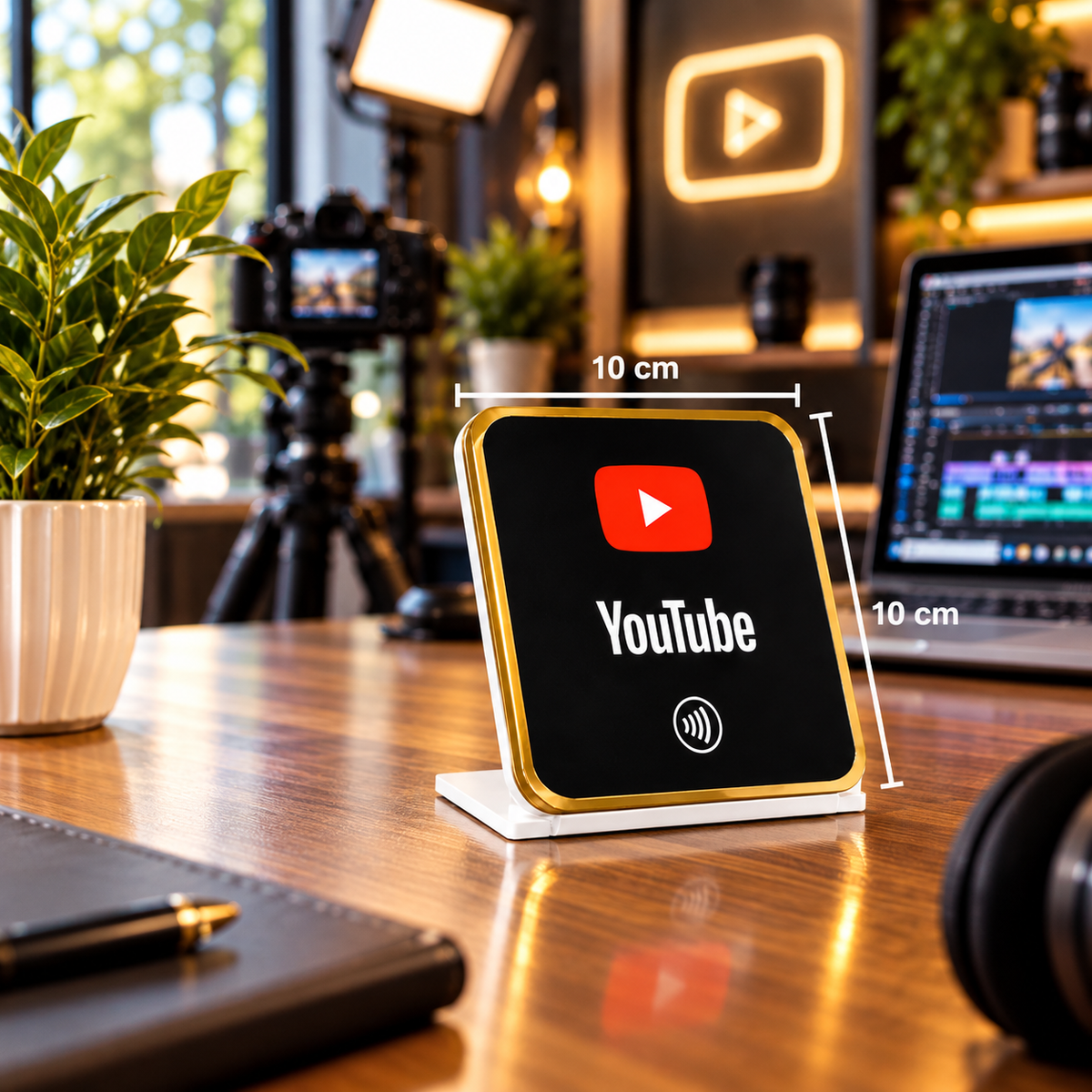 Présentoir de table NFC YouTube à contour doré, dimensions 10 × 10 cm – Cardavis