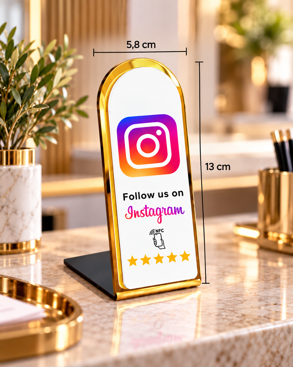Présentoir NFC arrondi Instagram à contour doré, dimensions 5,8 × 13 cm – Cardavis