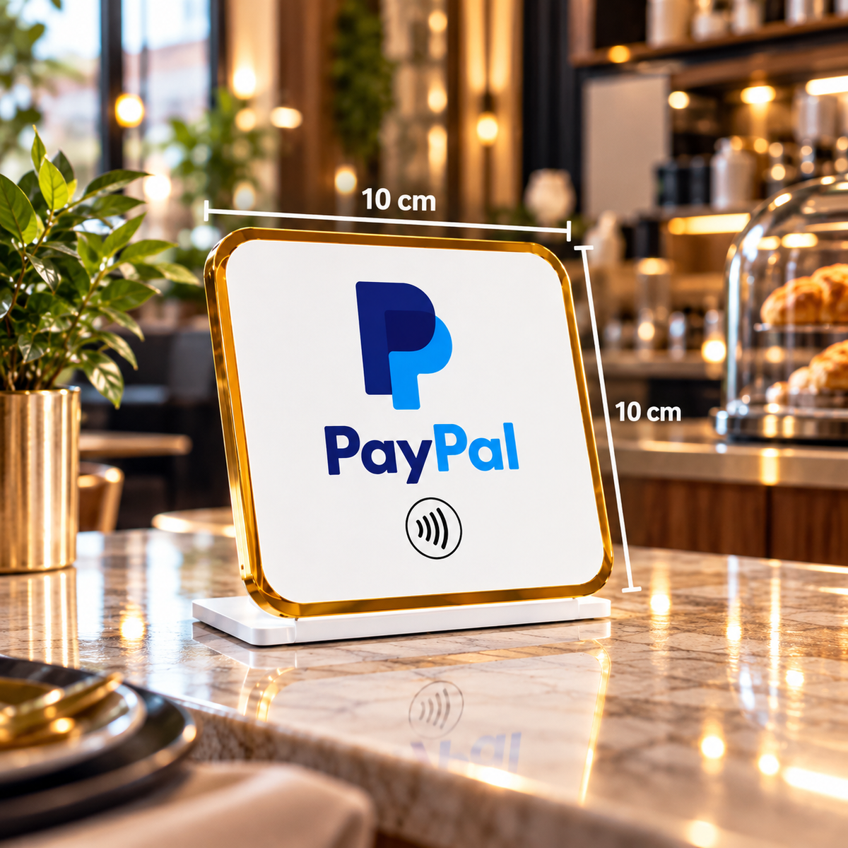 Présentoir de table NFC PayPal à contour doré, dimensions 10 × 10 cm – Cardavis