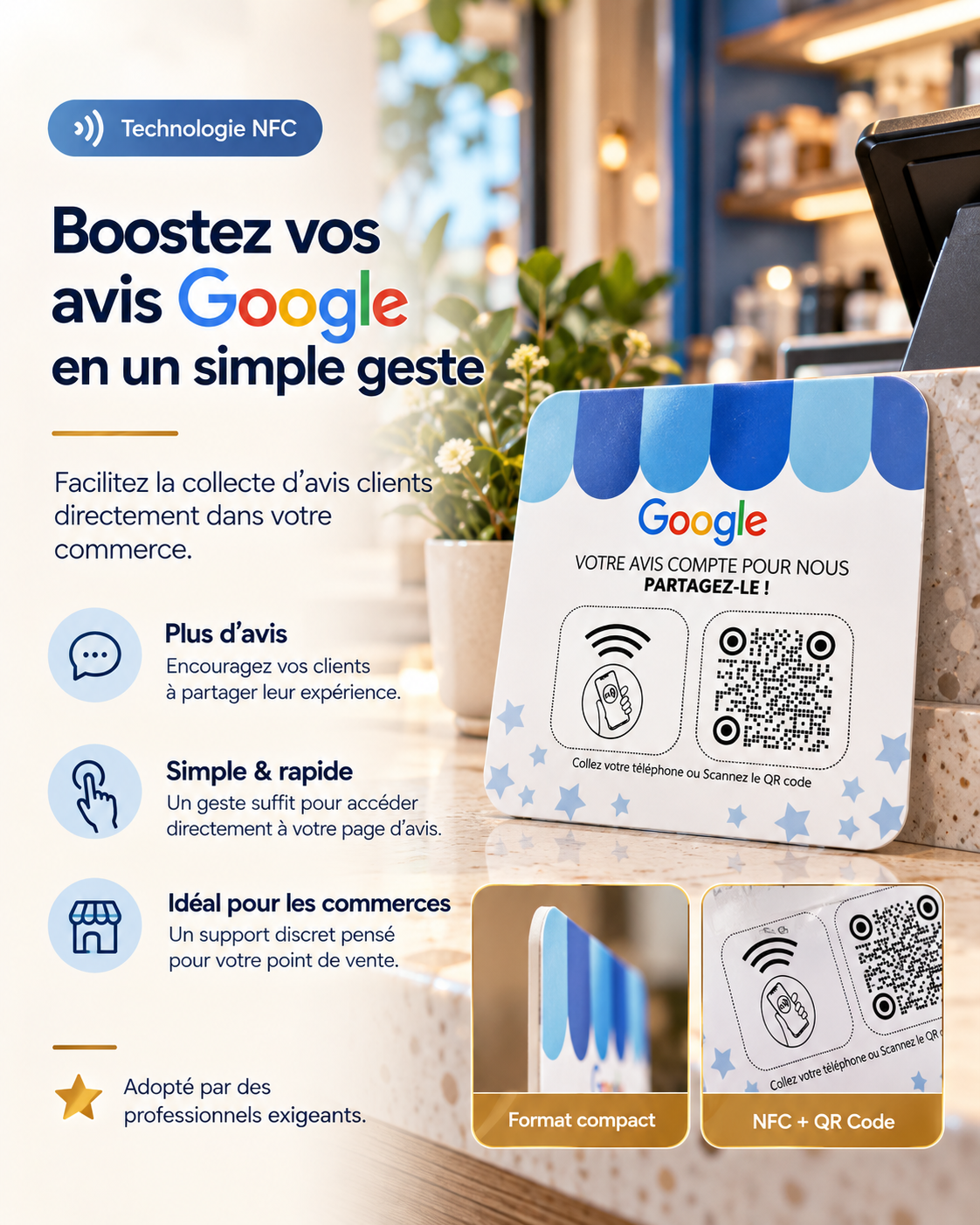 Plaque carrée autocollante NFC + QR code avis Google – Cardavis