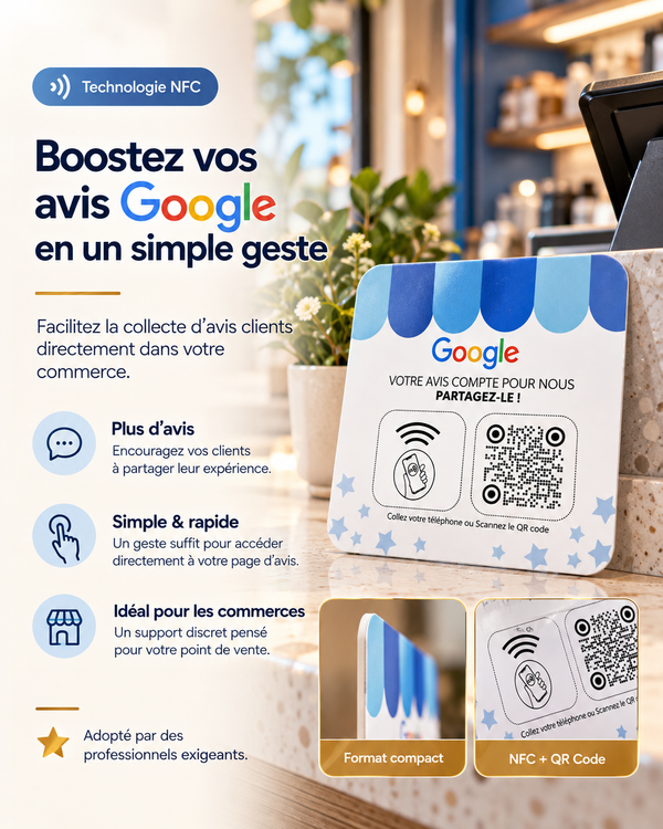 Plaque carrée autocollante NFC + QR code avis Google – Cardavis