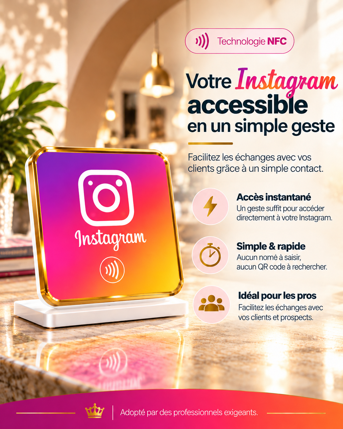 Présentoir de table NFC Instagram à contour doré : votre Instagram accessible en un geste – Cardavis