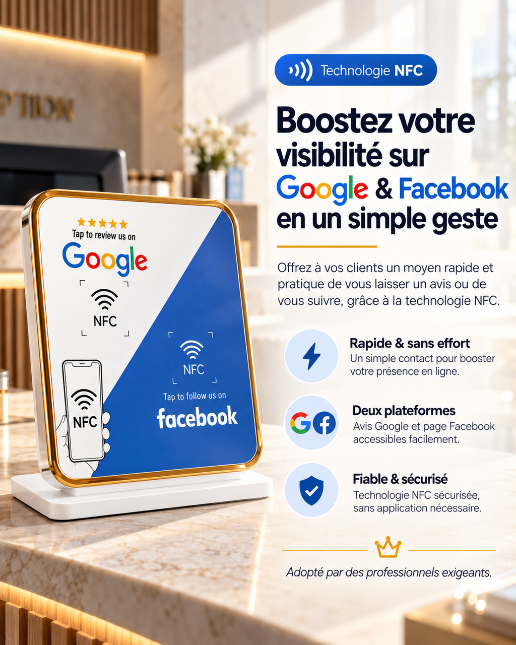 Présentoir de table NFC double puce avis Google + Facebook – Cardavis