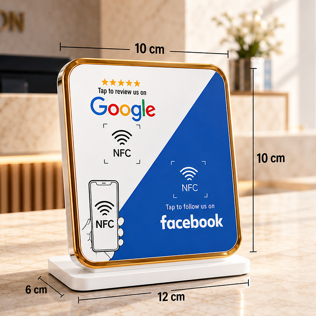 Présentoir de table NFC double puce avis Google + Facebook, dimensions 10 × 10 cm, socle 12 × 6 cm – Cardavis