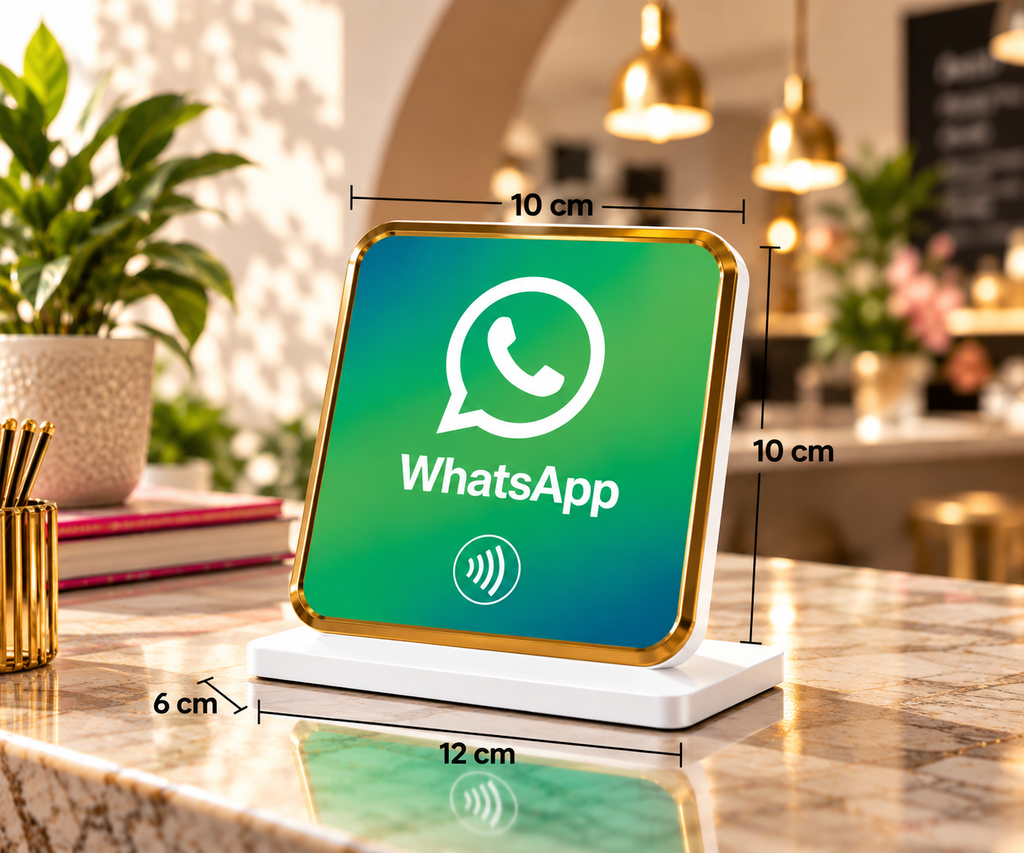Présentoir de table NFC WhatsApp à contour doré, dimensions 10 × 10 cm, socle 12 × 6 cm – Cardavis