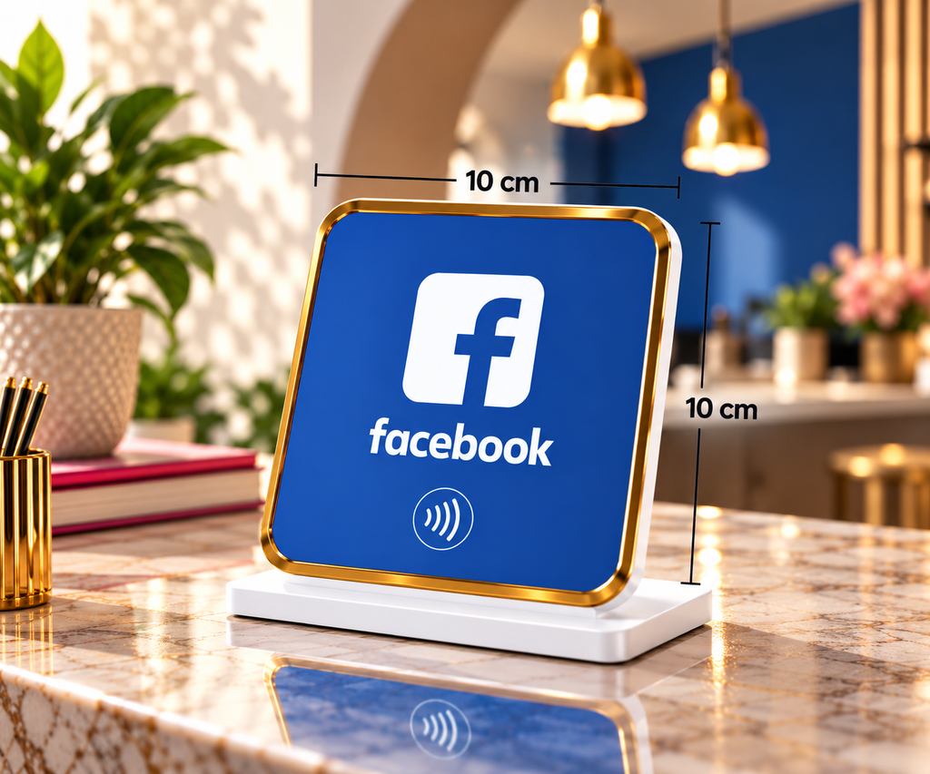 Présentoir de table NFC Facebook à contour doré, dimensions 10 × 10 cm – Cardavis