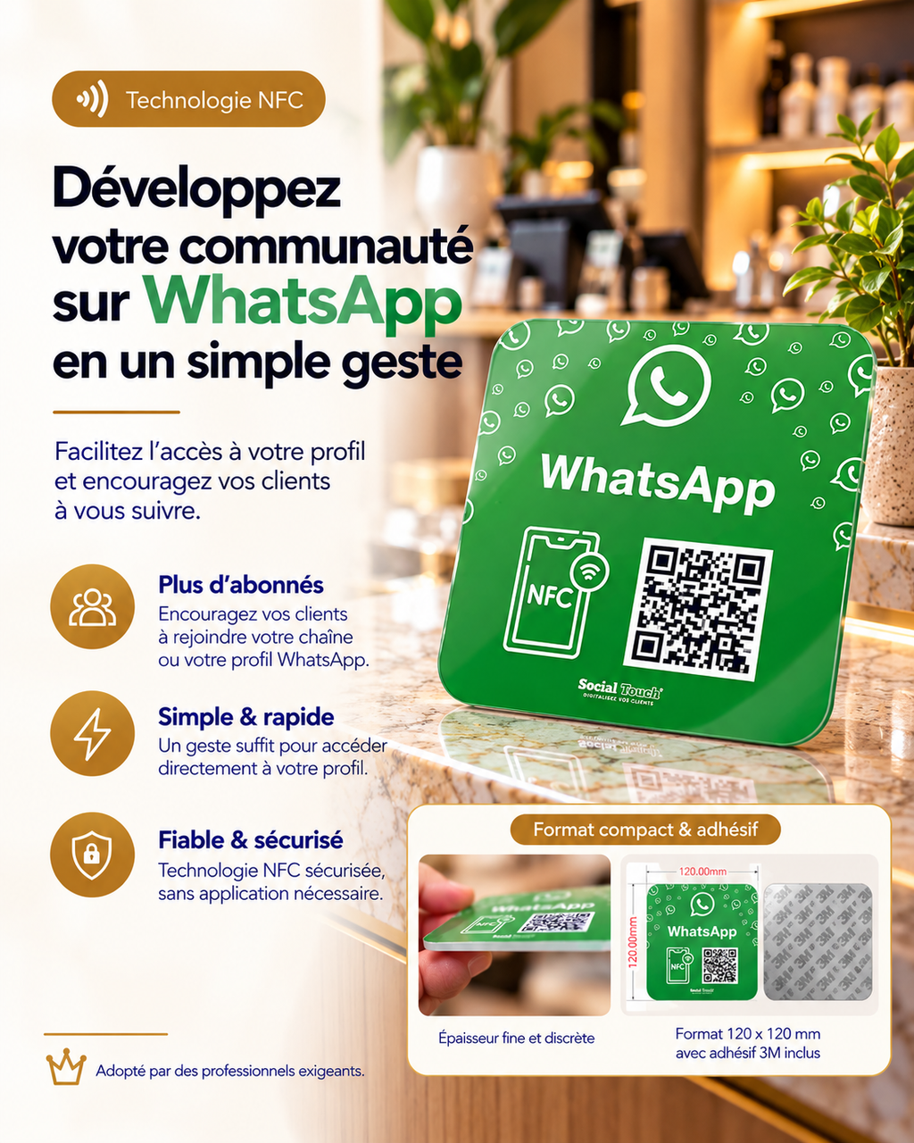 Plaque carrée autocollante NFC + QR code WhatsApp, format compact et adhésif – Cardavis
