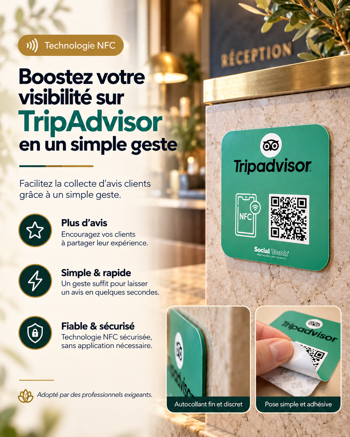 Plaque carrée autocollante NFC + QR code avis TripAdvisor – Cardavis
