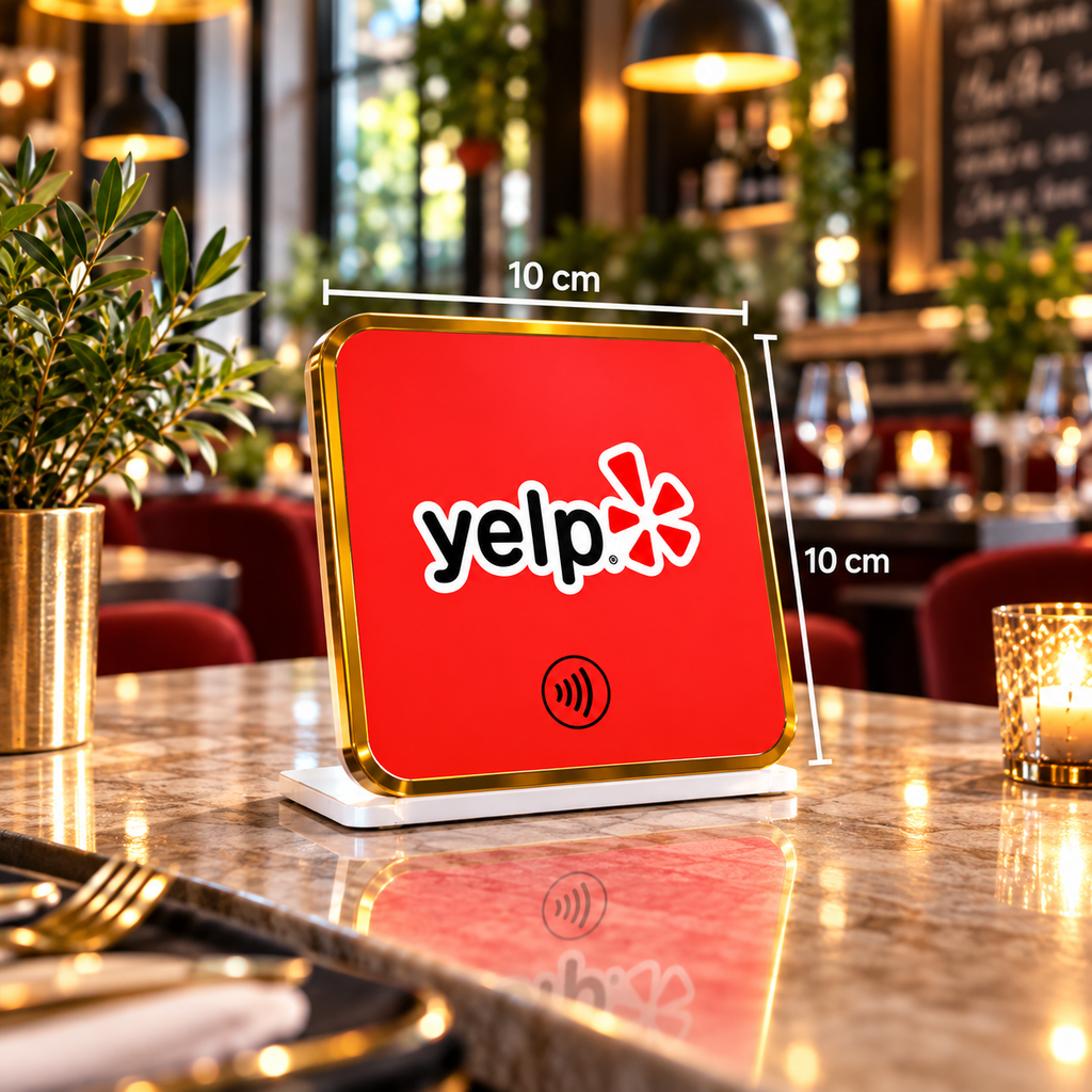 Présentoir de table NFC avis Yelp à contour doré, dimensions 10 × 10 cm – Cardavis