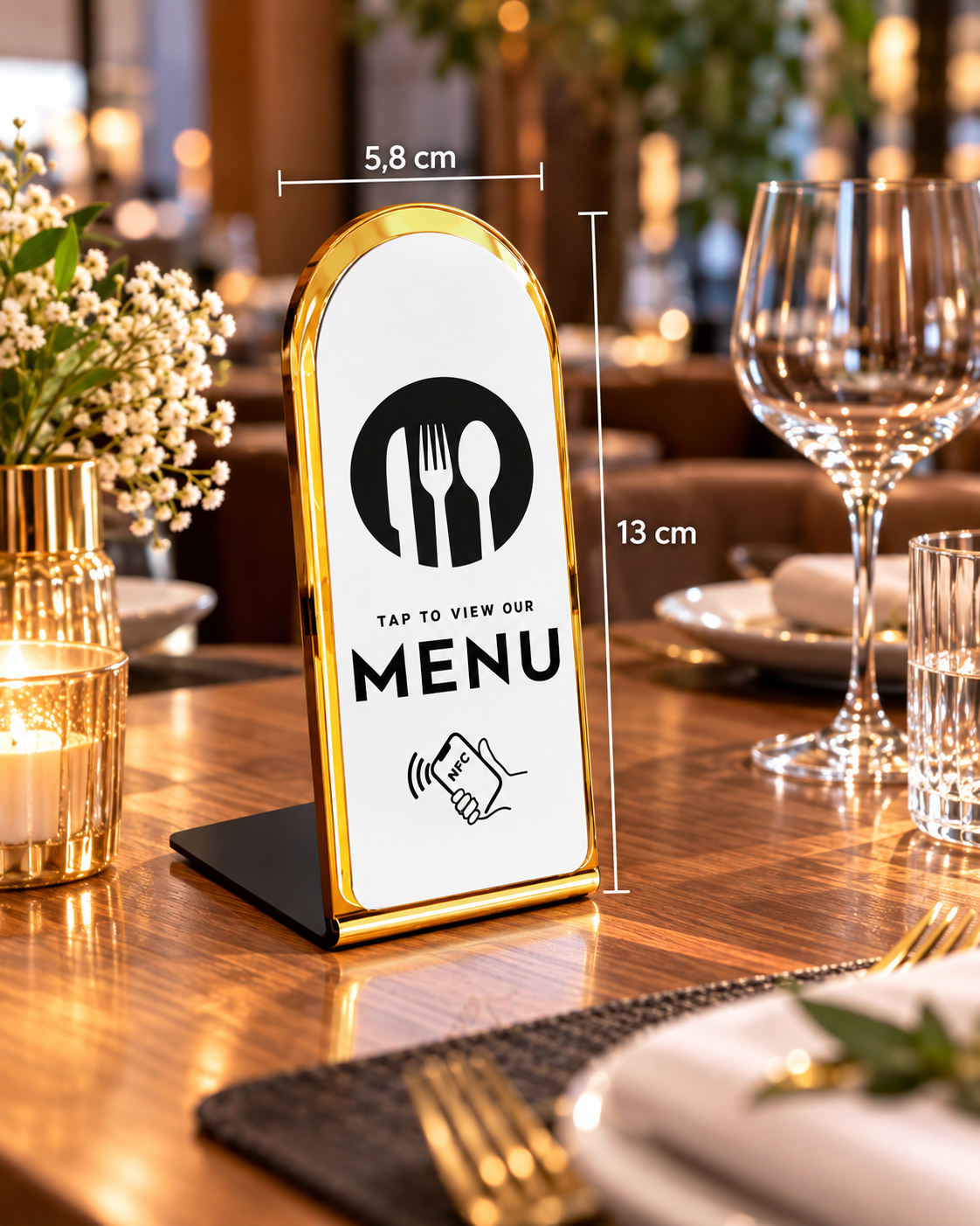 Présentoir NFC arrondi menu restaurant à contour doré, dimensions 5,8 × 13 cm – Cardavis