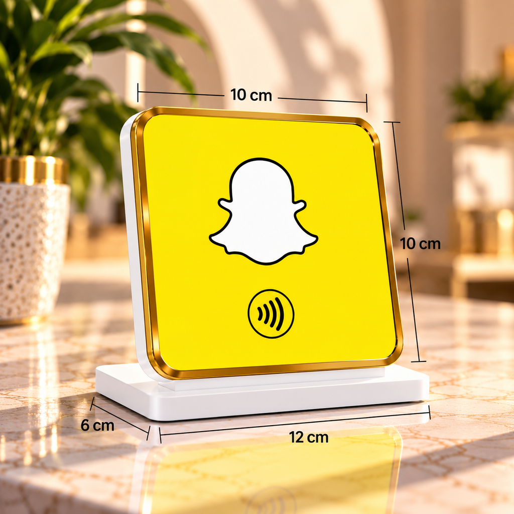Présentoir de table NFC Snapchat à contour doré, dimensions 10 × 10 cm, socle 12 × 6 cm – Cardavis
