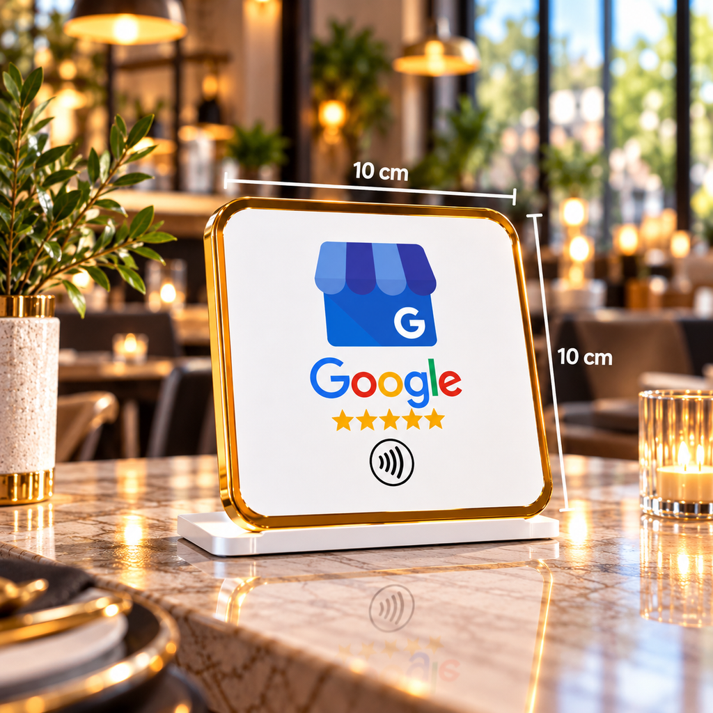 Présentoir de table NFC avis Google blanc à contour doré, dimensions 10 × 10 cm – Cardavis