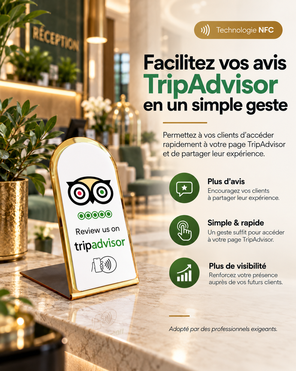 Présentoir NFC arrondi avis TripAdvisor à contour doré – Cardavis
