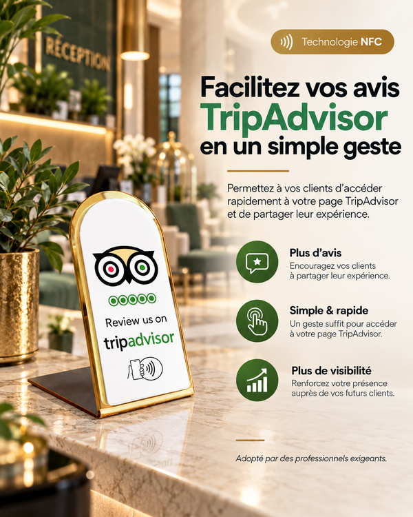 Présentoir NFC arrondi avis TripAdvisor à contour doré – Cardavis