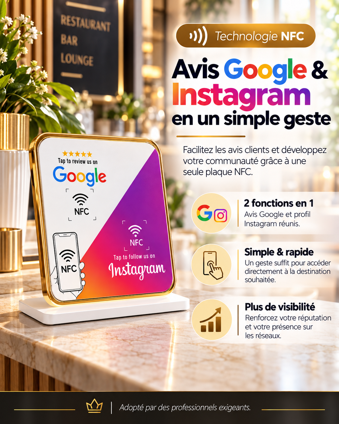 Présentoir de table NFC double puce avis Google + Instagram – Cardavis