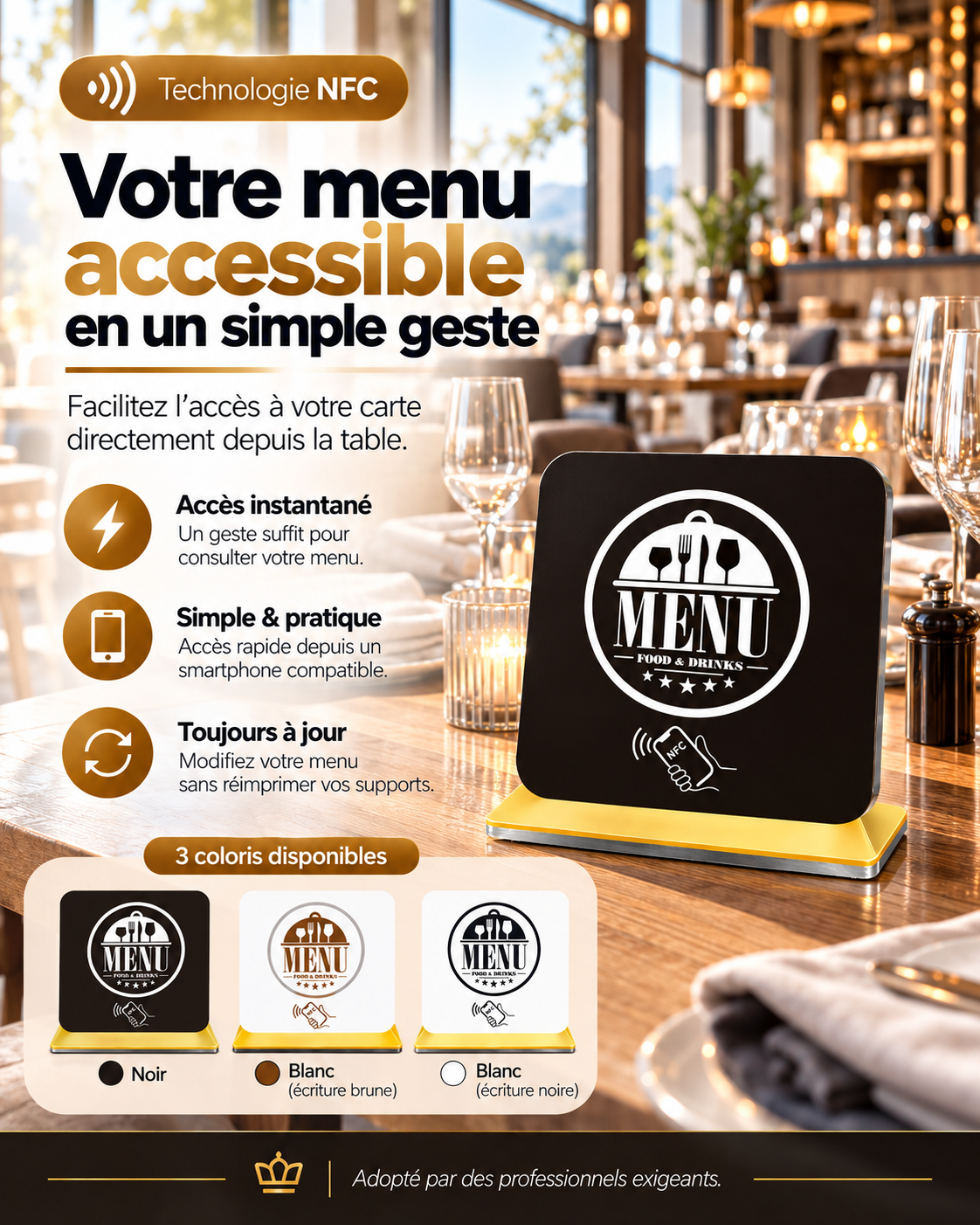 Présentoir NFC menu restaurant, socle doré – Cardavis