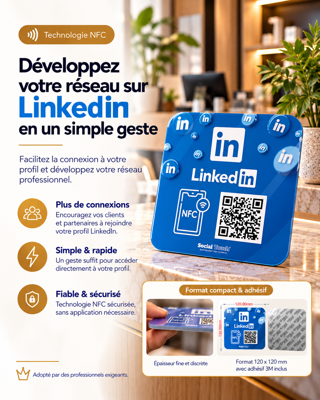 Plaque carrée autocollante NFC + QR code LinkedIn, format compact et adhésif – Cardavis