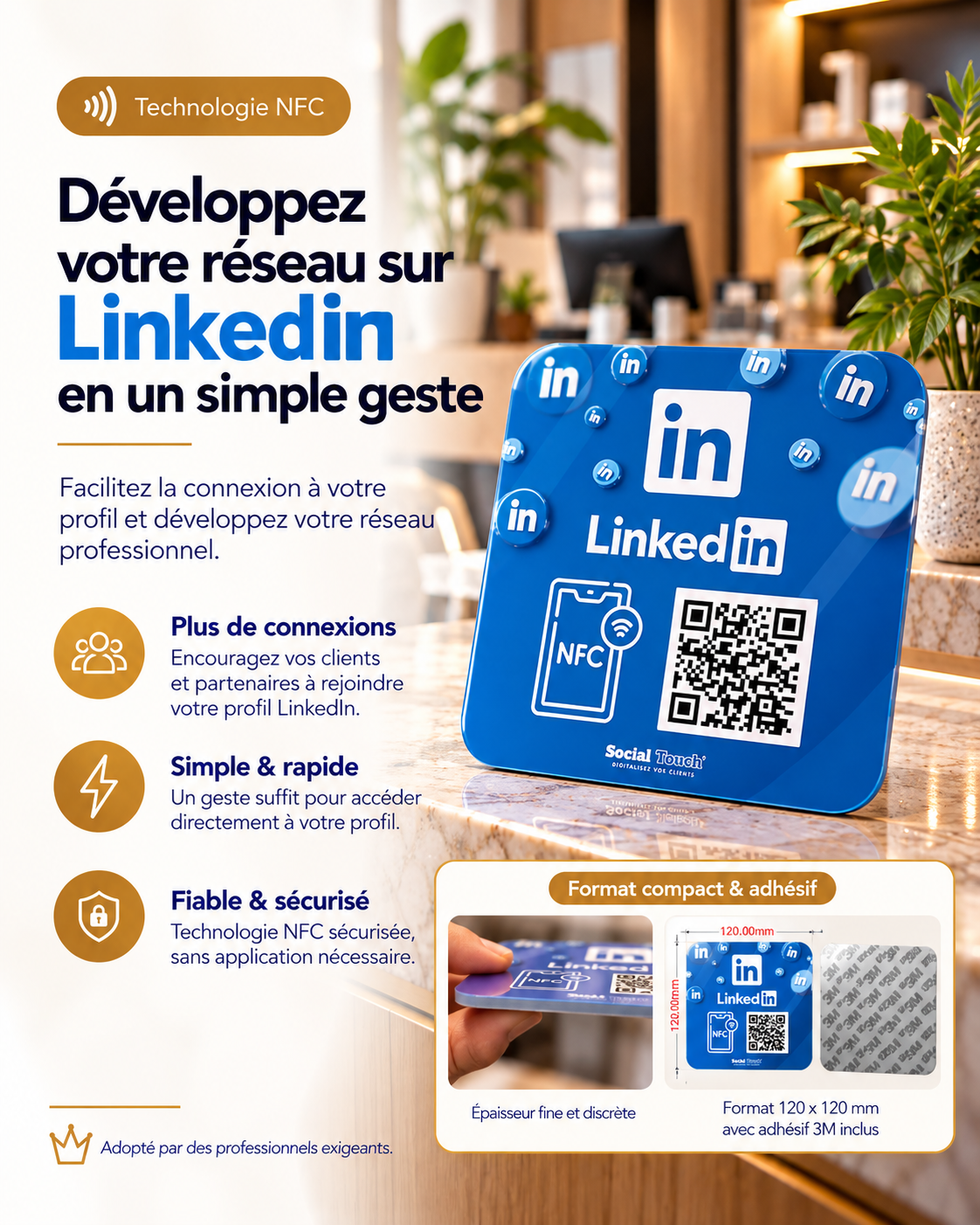 Plaque carrée autocollante NFC + QR code LinkedIn, format compact et adhésif – Cardavis