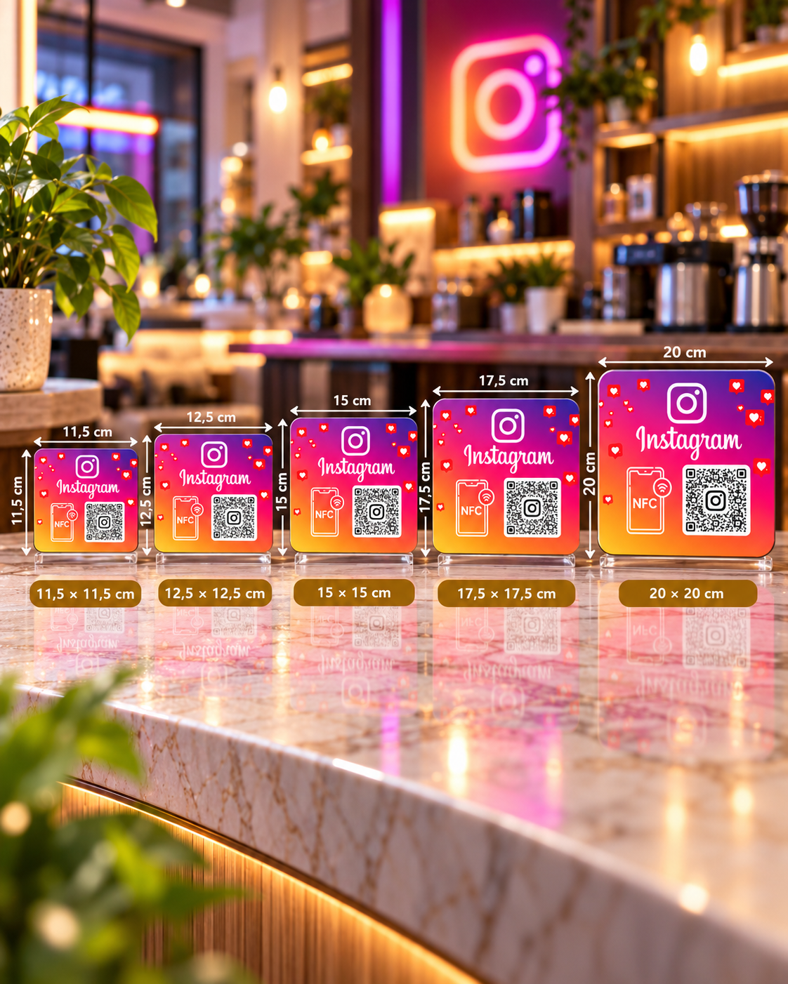 Plaque carrée autocollante NFC + QR code Instagram, 5 tailles de 11,5 à 20 cm – Cardavis