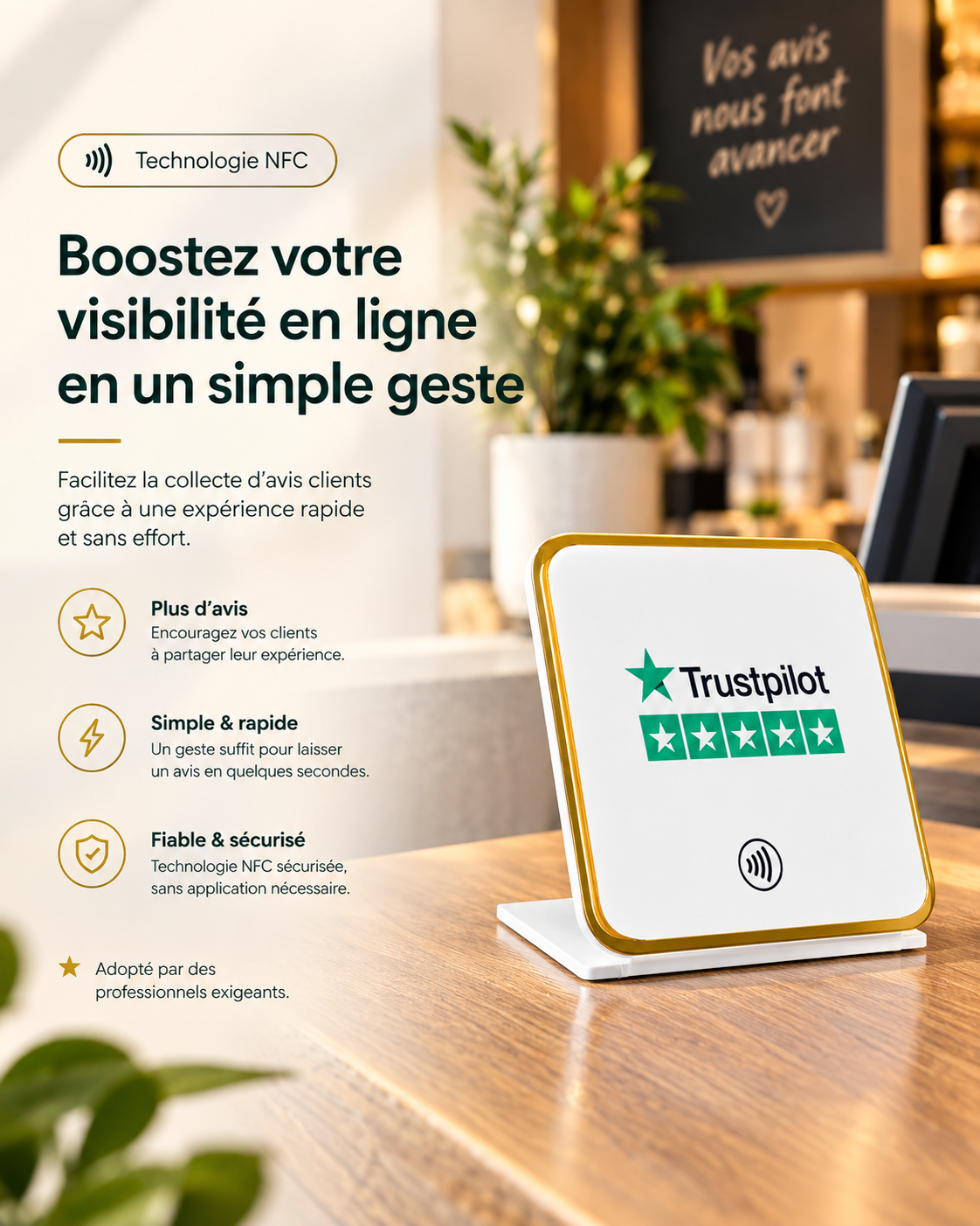Présentoir de table NFC avis Trustpilot à contour doré – Cardavis