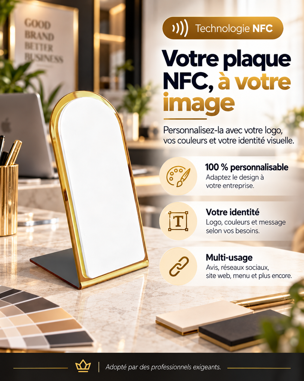 Présentoir NFC arrondi blanc vierge à contour doré – Cardavis