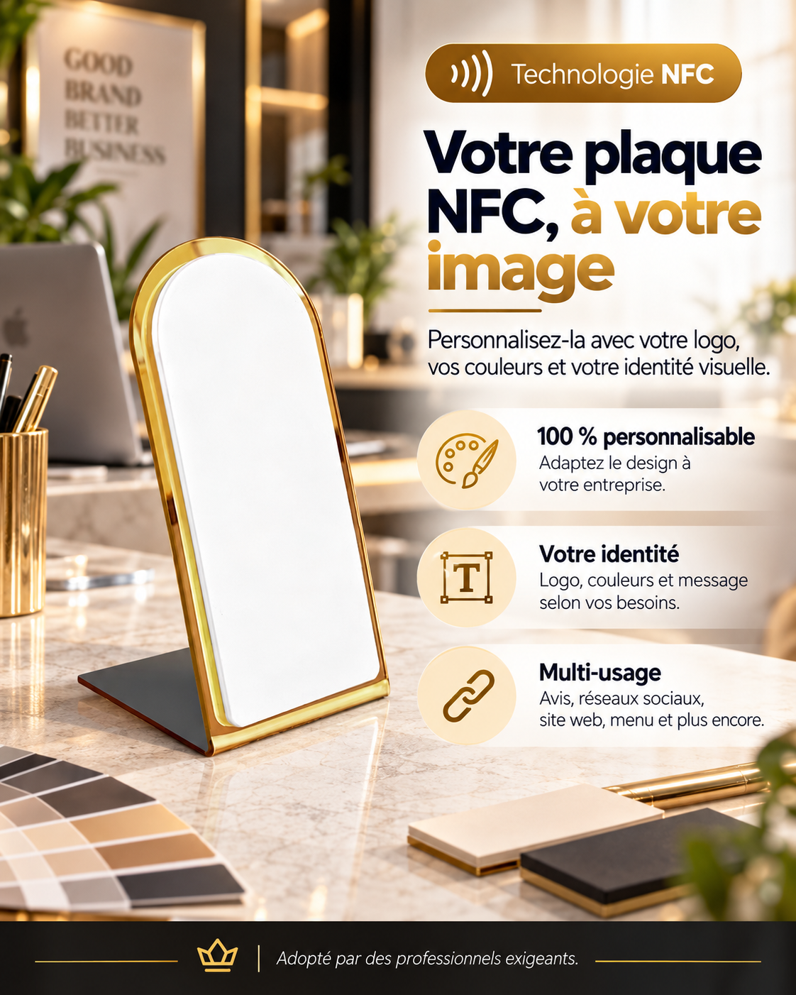 Présentoir NFC arrondi blanc vierge à contour doré – Cardavis