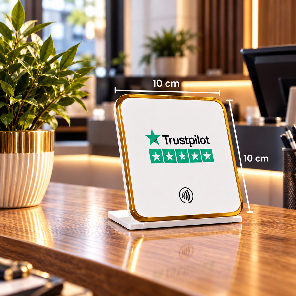 Présentoir de table NFC avis Trustpilot à contour doré, dimensions 10 × 10 cm – Cardavis