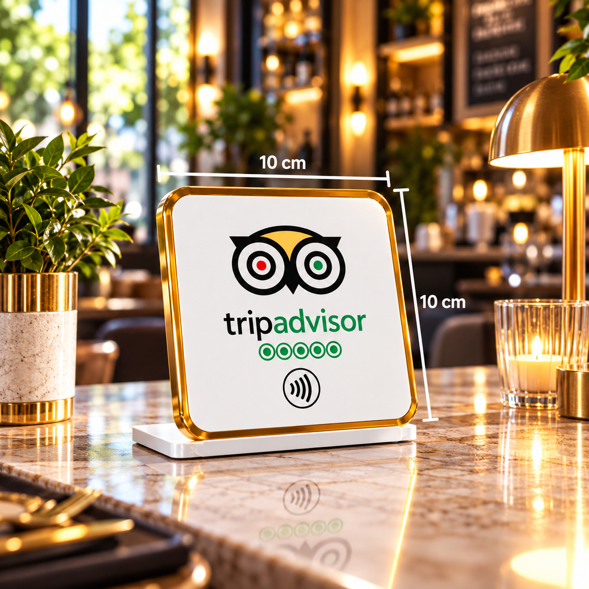 Présentoir de table NFC avis TripAdvisor à contour doré, dimensions 10 × 10 cm – Cardavis
