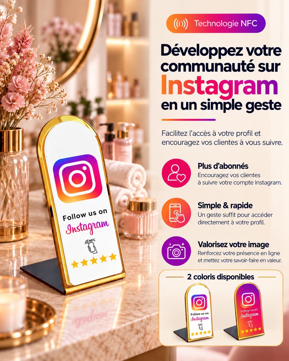 Présentoir NFC arrondi Instagram à contour doré – Cardavis