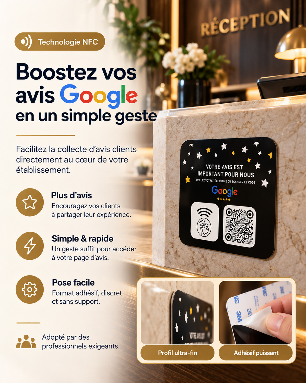 Plaque carrée autocollante NFC + QR code avis Google, vue 2 – Cardavis