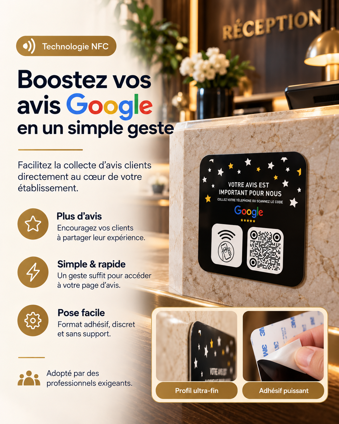 Plaque carrée autocollante NFC + QR code avis Google, vue 2 – Cardavis