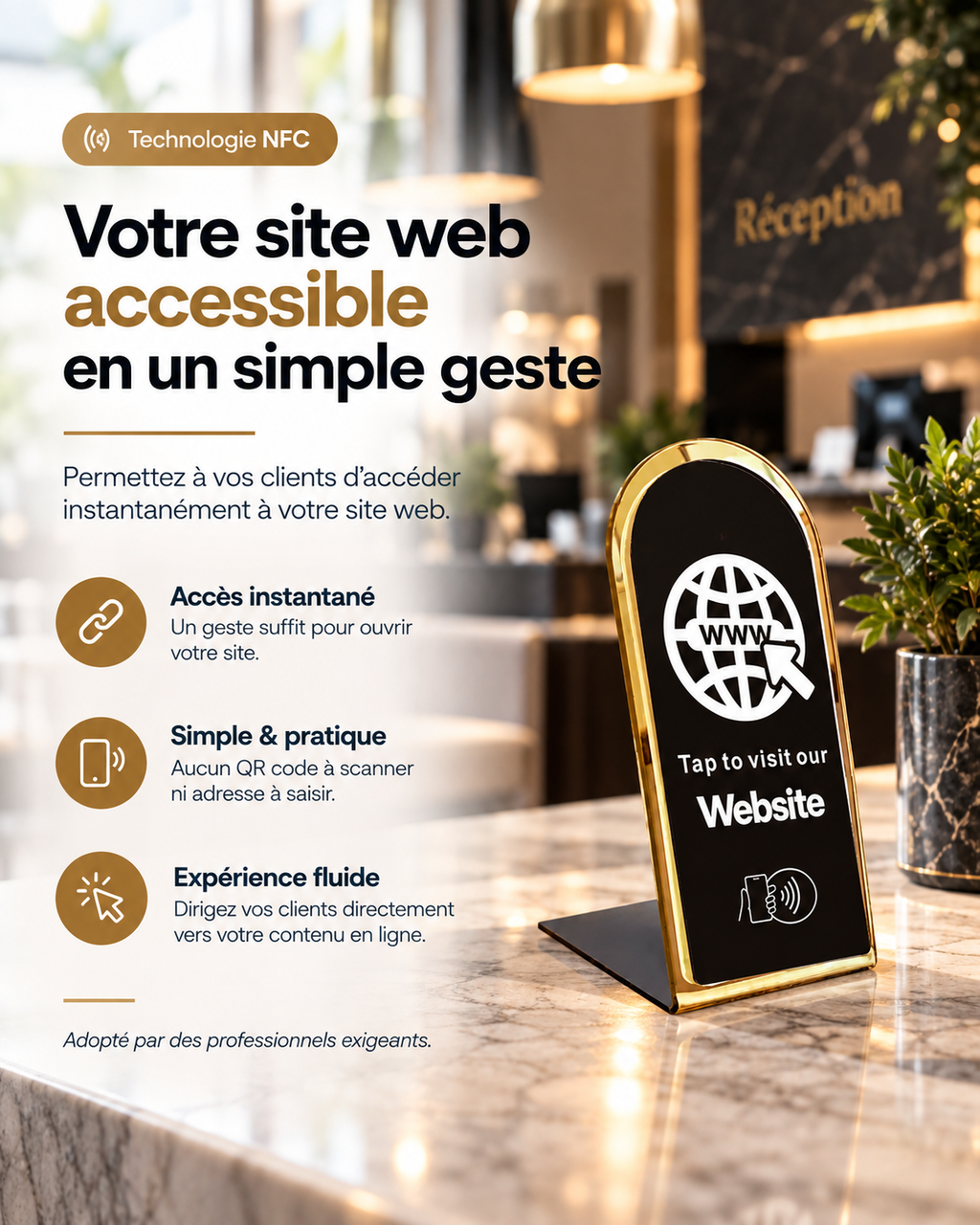 Présentoir NFC arrondi site web à contour doré – Cardavis