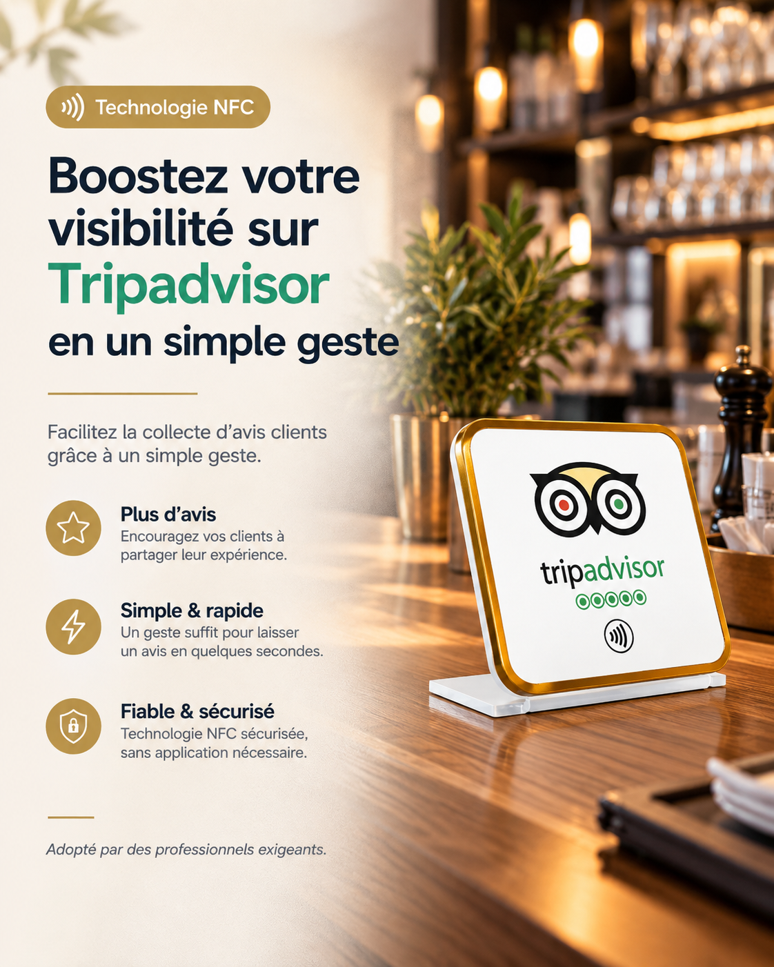 Présentoir de table NFC avis TripAdvisor à contour doré – Cardavis