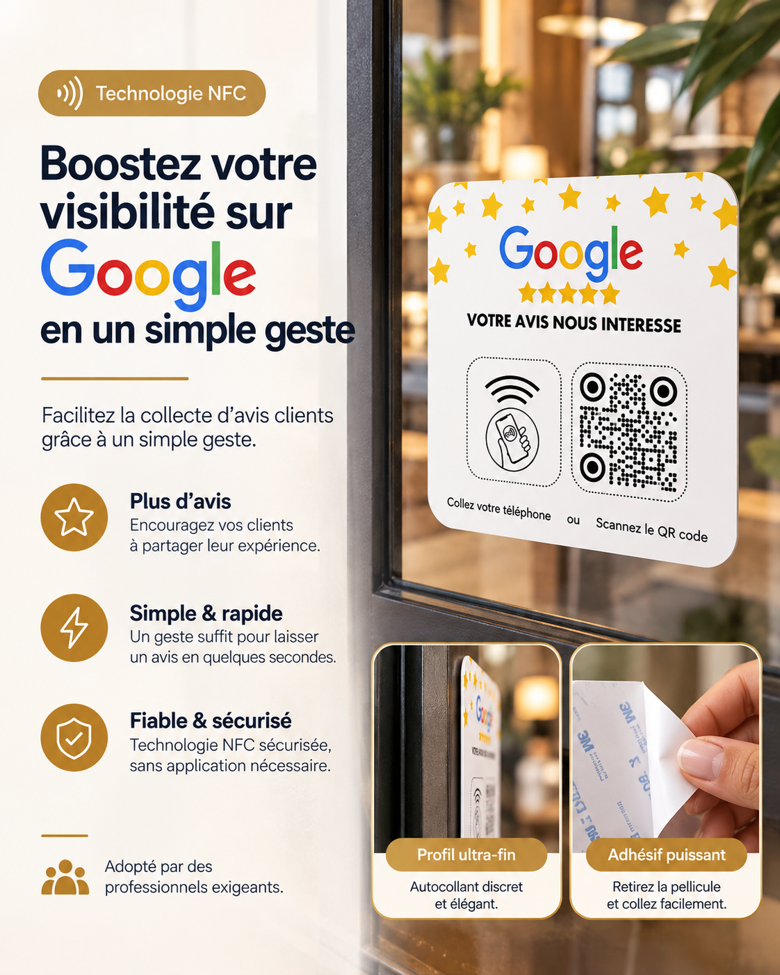 Plaque carrée autocollante NFC + QR code avis Google, vue 3 – Cardavis